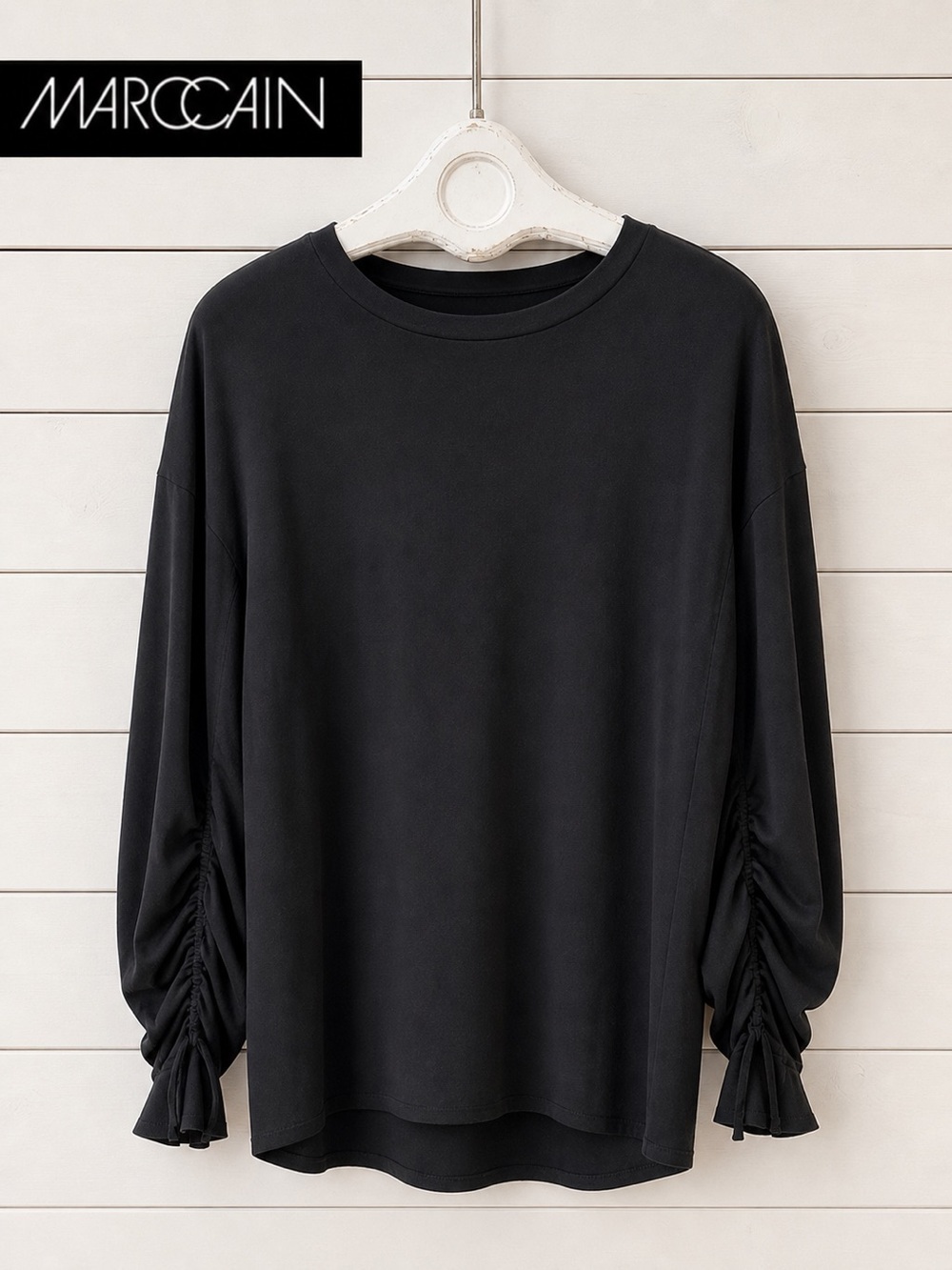 MARC CAIN SPORTS black long sleeve T-shirt with ruched sleeves – size N3 M
